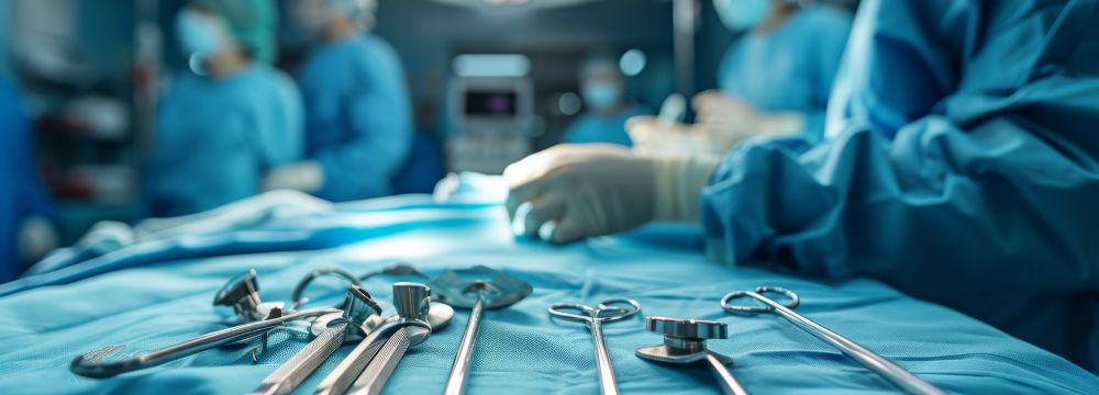 Surgical tools laid on an operating room table with gloved surgeon in the background 